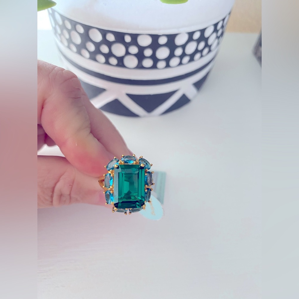 Gold Cake size 7 emerald cut crystal and round cut 18kt over Sterling Silver
